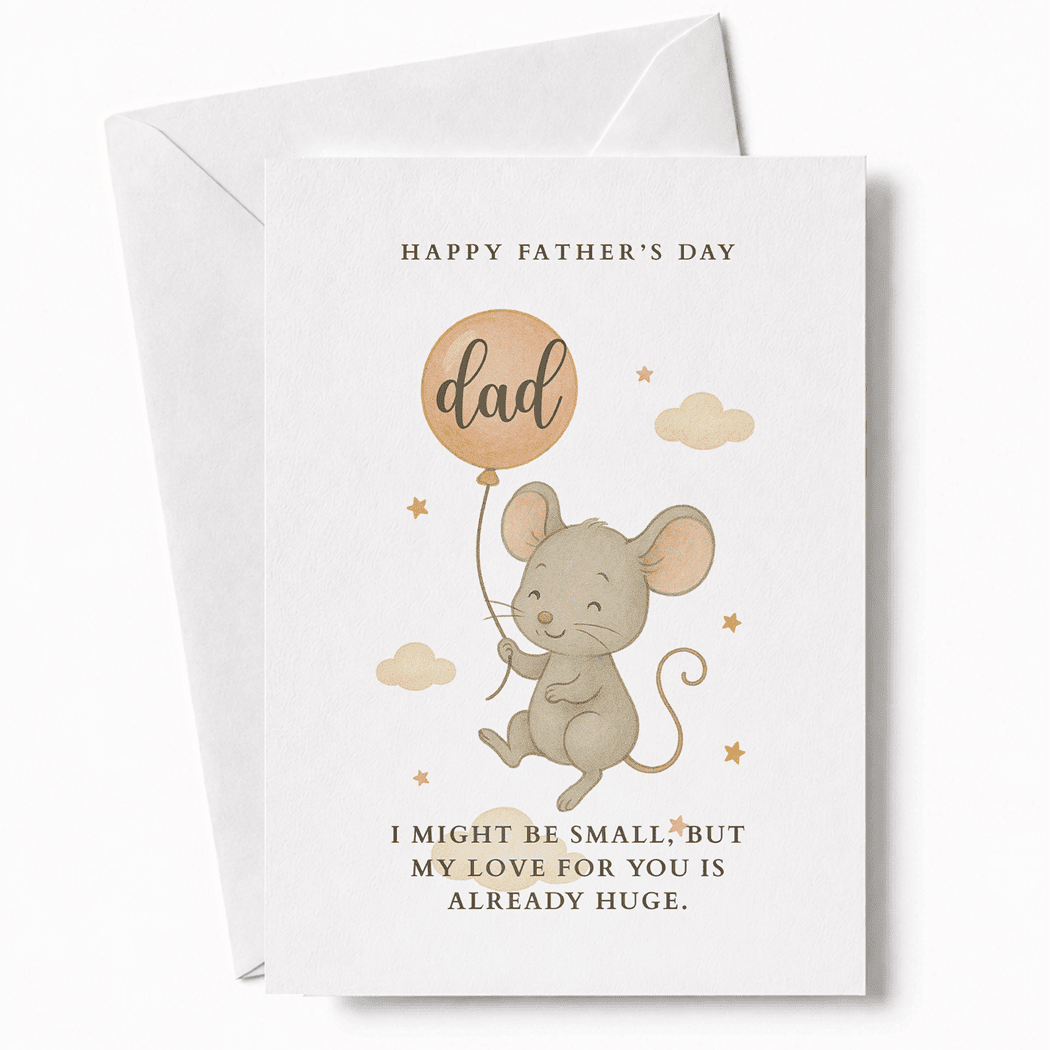 Father's Day card with a mouse holding a balloon and text on a white background