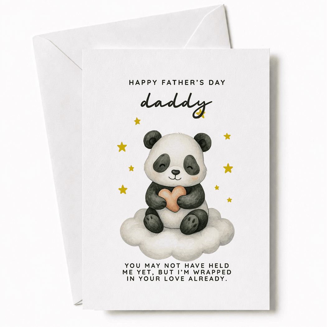 Father's Day card with a panda holding a heart and text on a white background