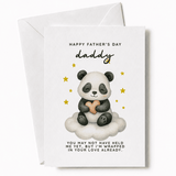 Father's Day card with a panda holding a heart and text on a white background