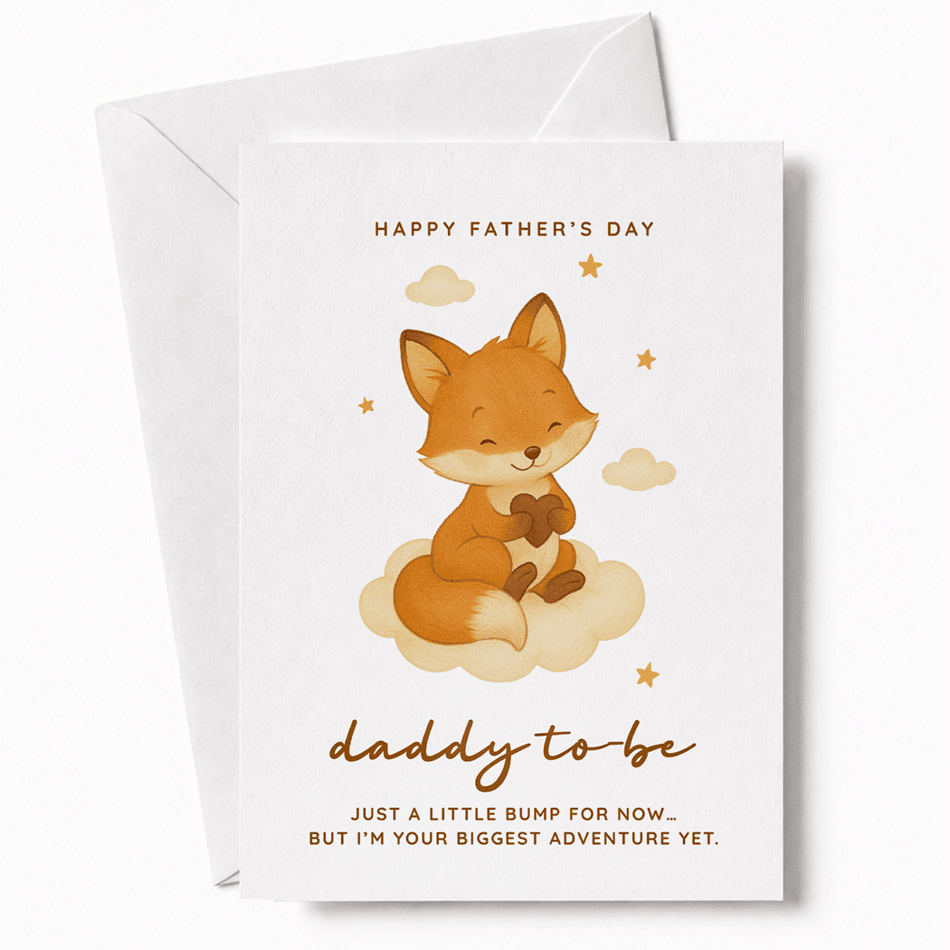 Father's Day card with a fox illustration and text on a white background