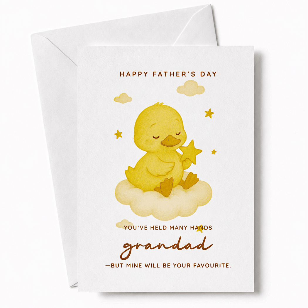 Father's Day card with a yellow duckling on a cloud and text.