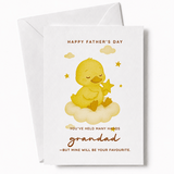 Father's Day card with a yellow duckling on a cloud and text.