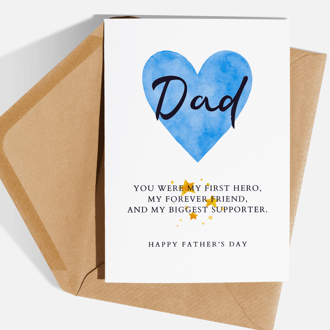 Father's Day card with blue heart and text on a white background