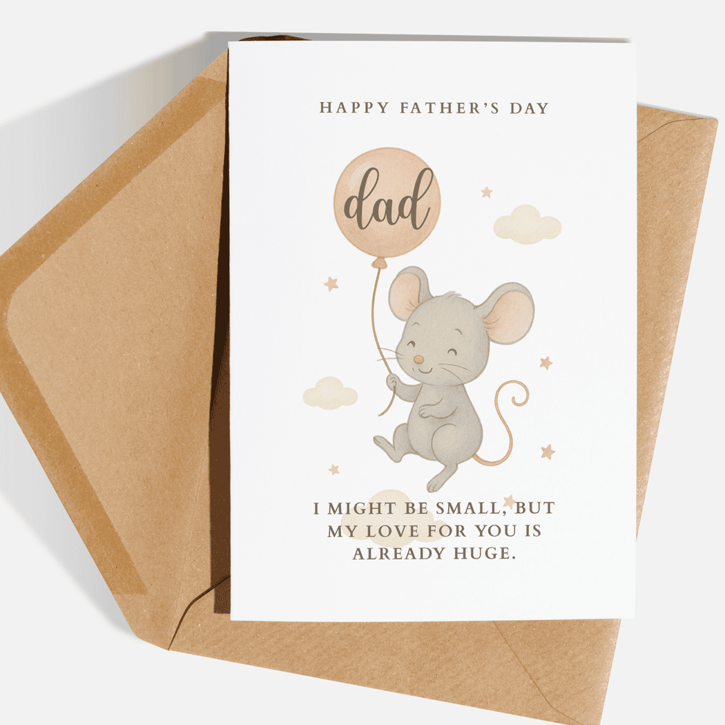Father's Day card with a mouse holding a balloon and text, featuring a brown envelope.