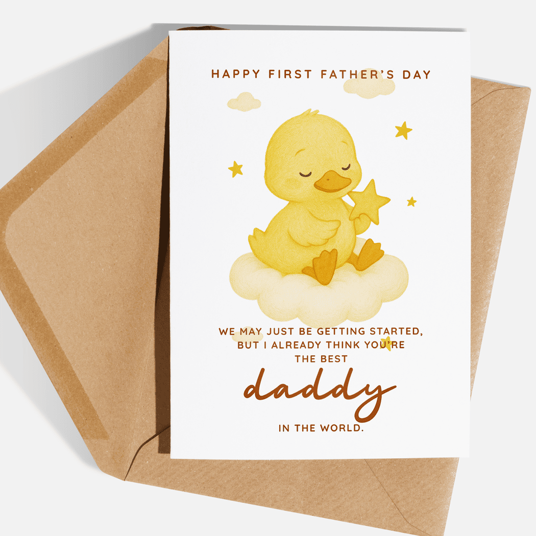 Father's Day card with a yellow duck illustration and text on a white background