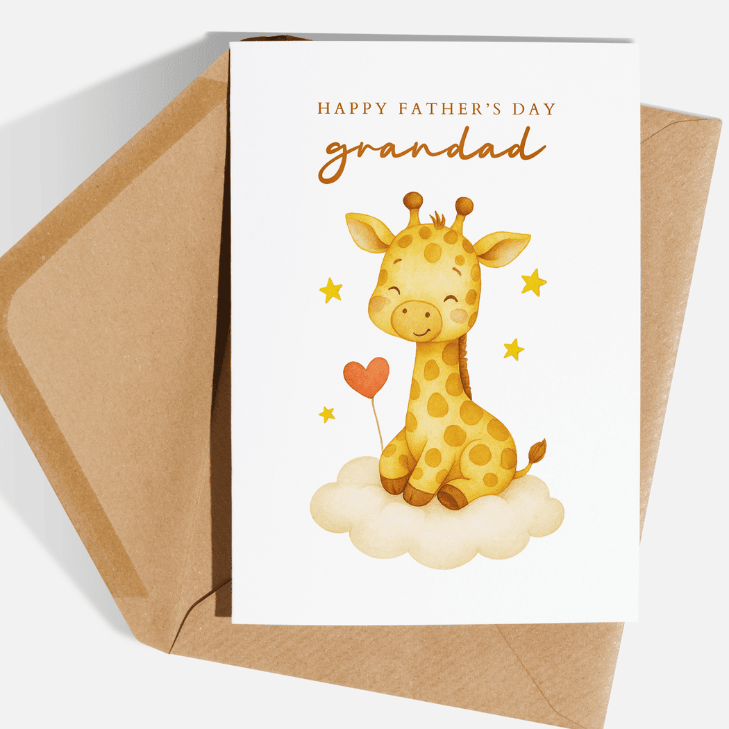Father's Day card with a giraffe illustration and 'Happy Father's Day grandad' text, featuring a brown envelope.