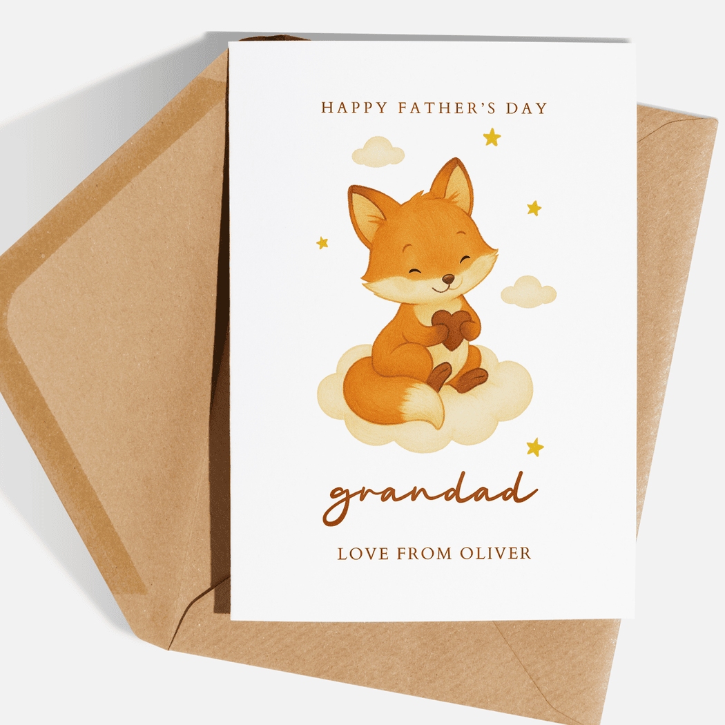 Father's Day card with a fox illustration and 'Happy Father's Day' text, featuring a brown envelope.