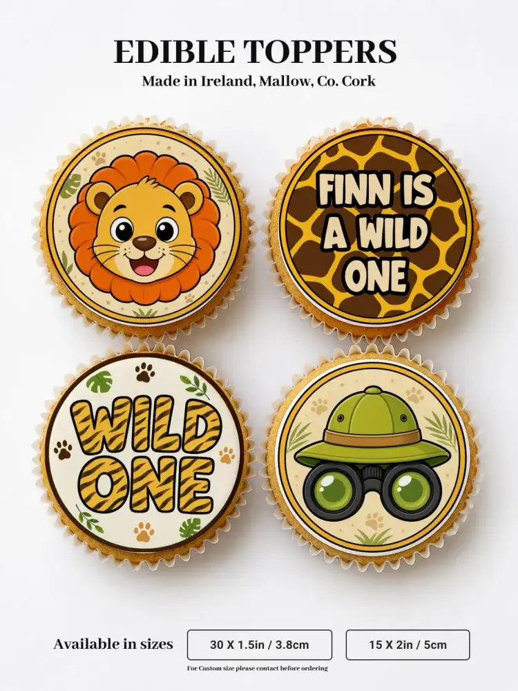 Wild one safari first birthday cupcake toppers with round edible lion and green jungle leaves for personalised wild fun