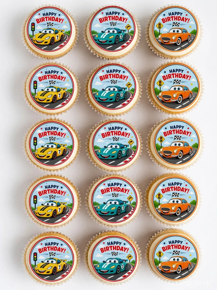 Colorful cartoon racing cars birthday cupcake toppers on circular icing sheet with happy birthday text for cupcakes