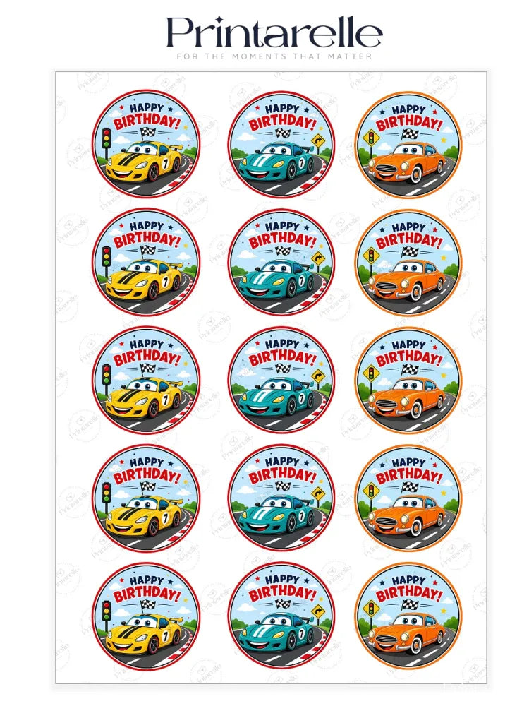 Circular cupcake toppers with cartoon race cars in yellow teal and orange on wafer paper with checkered borders