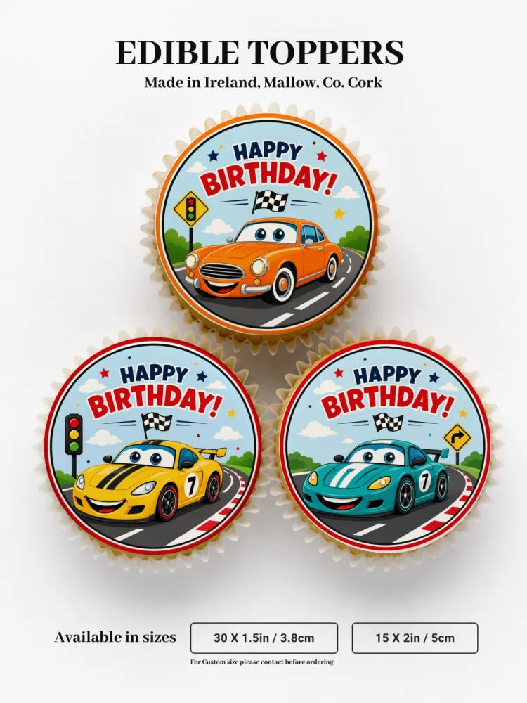 Cartoon racing cars birthday edible cupcake toppers featuring orange yellow and teal cars on icing sheet and wafer paper