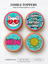Cat birthday personalised cupcake toppers with cool cat and knitting designs on colorful icing sheet teal background