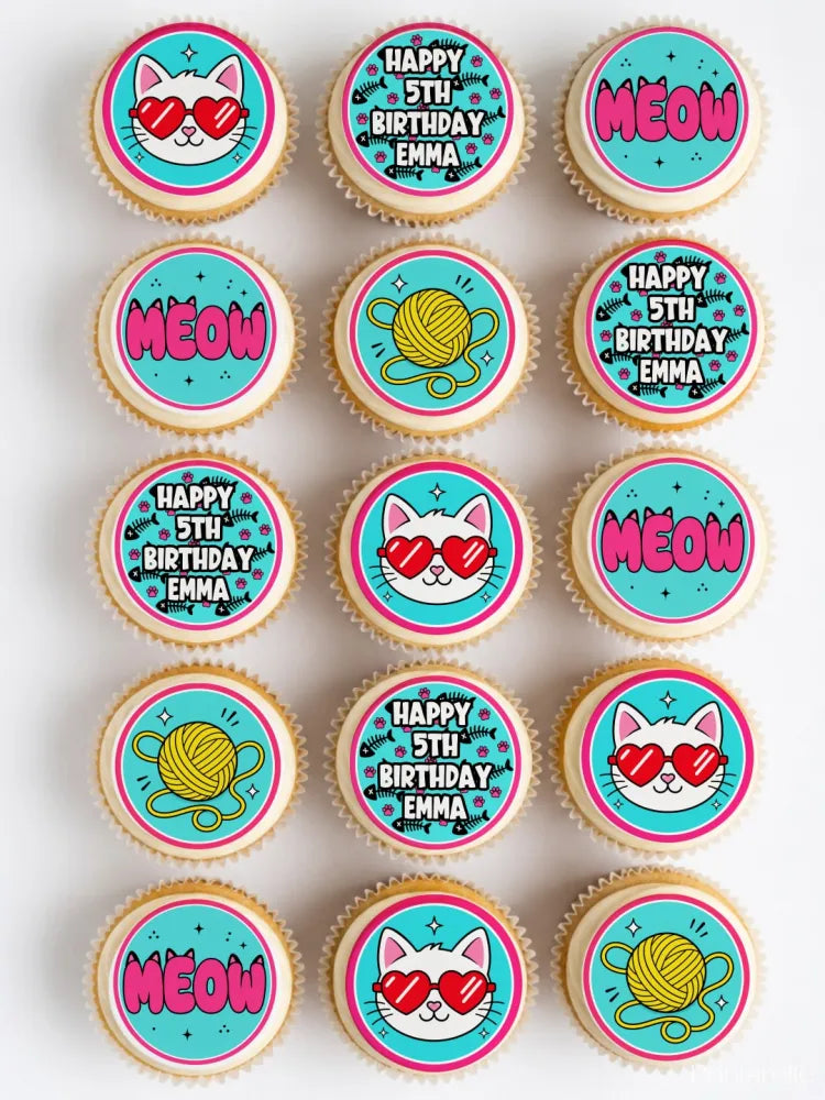 Cat birthday personalised cupcake toppers with cool cat designs on icing sheets featuring cats and yarn balls on teal