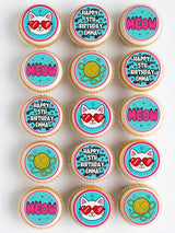 Cat birthday personalised cupcake toppers with cool cat designs on icing sheets featuring cats and yarn balls on teal