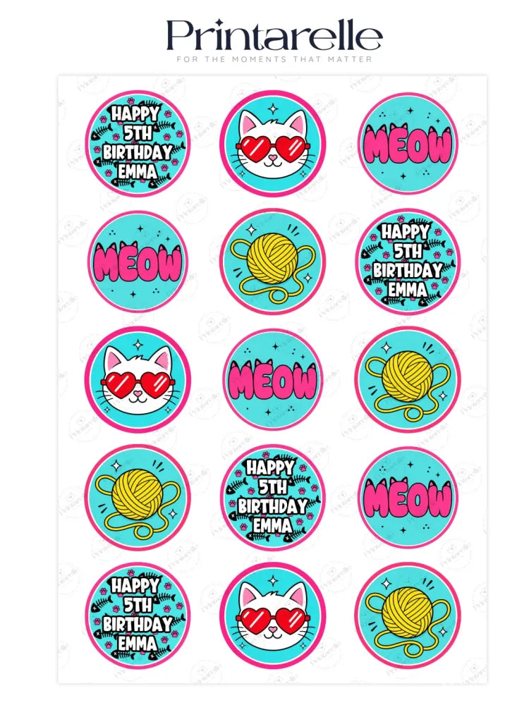Cute circular cupcake toppers with cool cat designs on teal icing sheet for happy 5th birthday emma