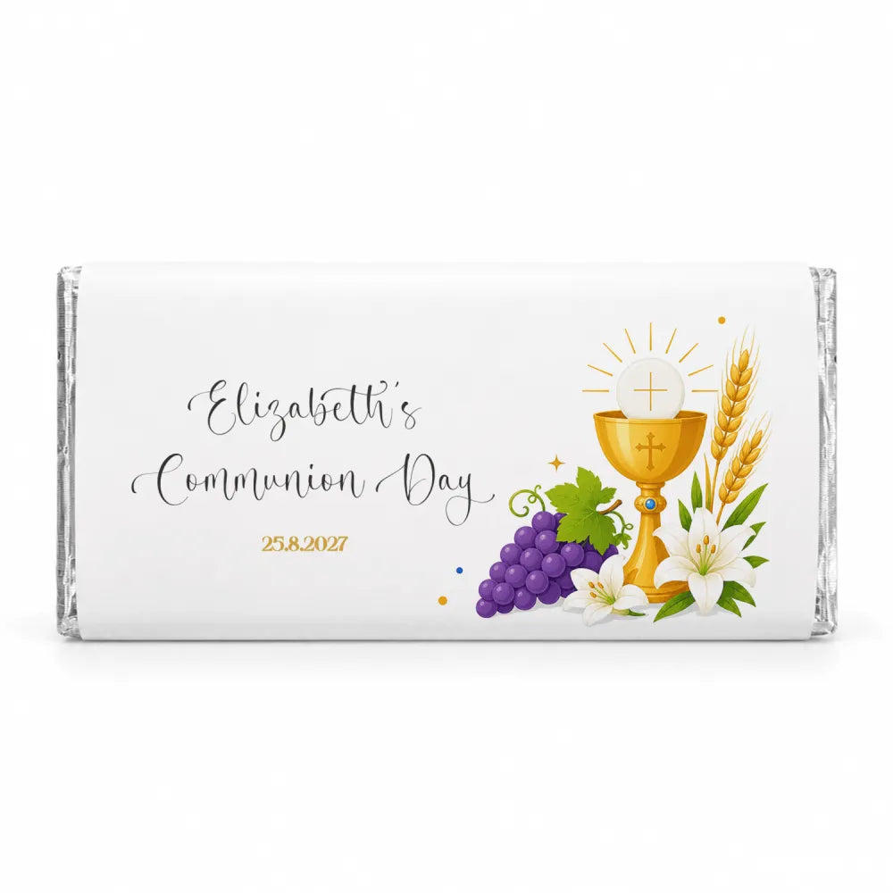 White chocolate bar wrapped in silver foil featuring golden chalice with grapes and lilies on personalised 40g chocolate bar