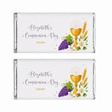 White wrapped personalised 40g chocolate bar with gold chalice purple grapes white lilies and wheat for communion day
