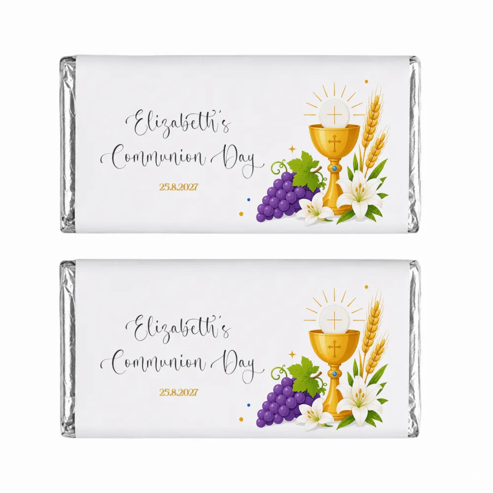 White wrapped personalised 40g chocolate bar with gold chalice purple grapes white lilies and wheat for communion day