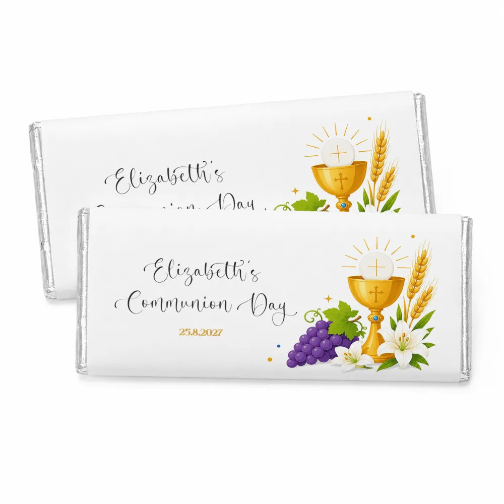 Personalised 40g chocolate bar white chocolate with gold foil featuring chalice grapes wheat and lilies design