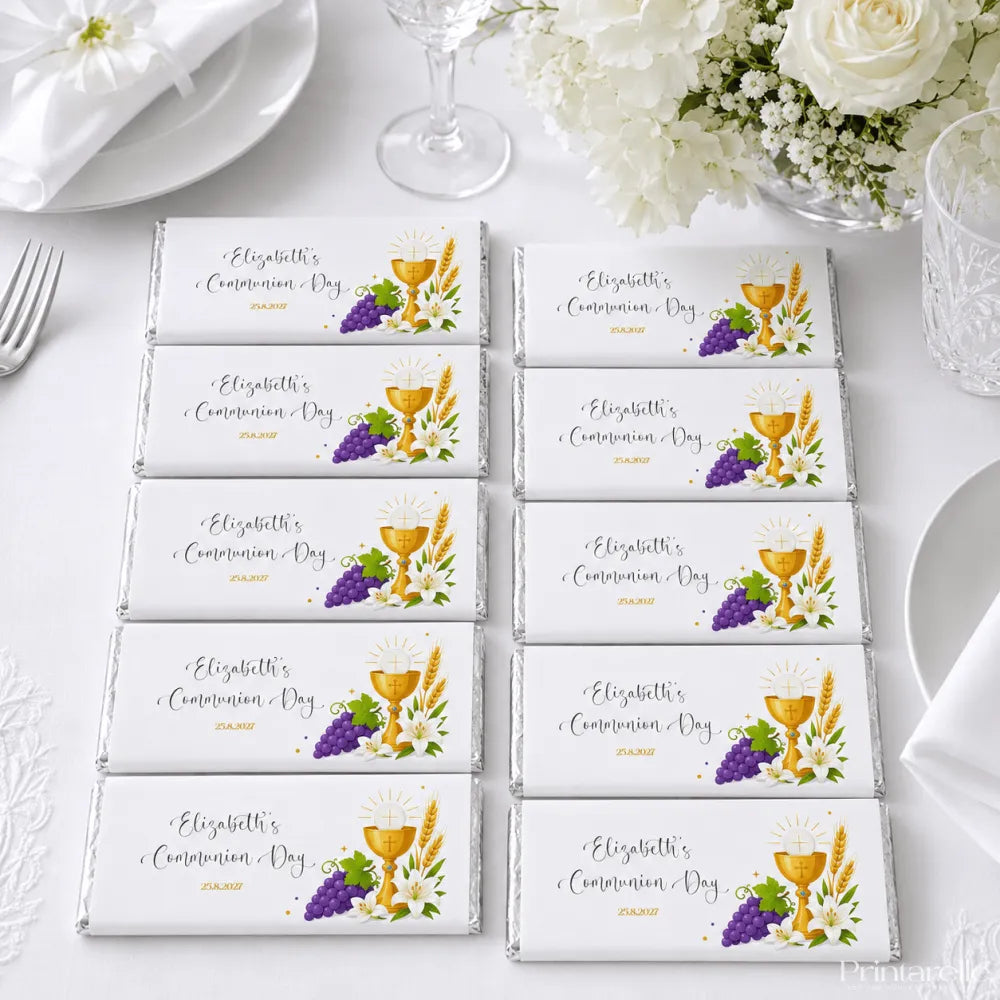 Personalised 40g chocolate bar with white chocolate wrappers and gold foil featuring a golden chalice design