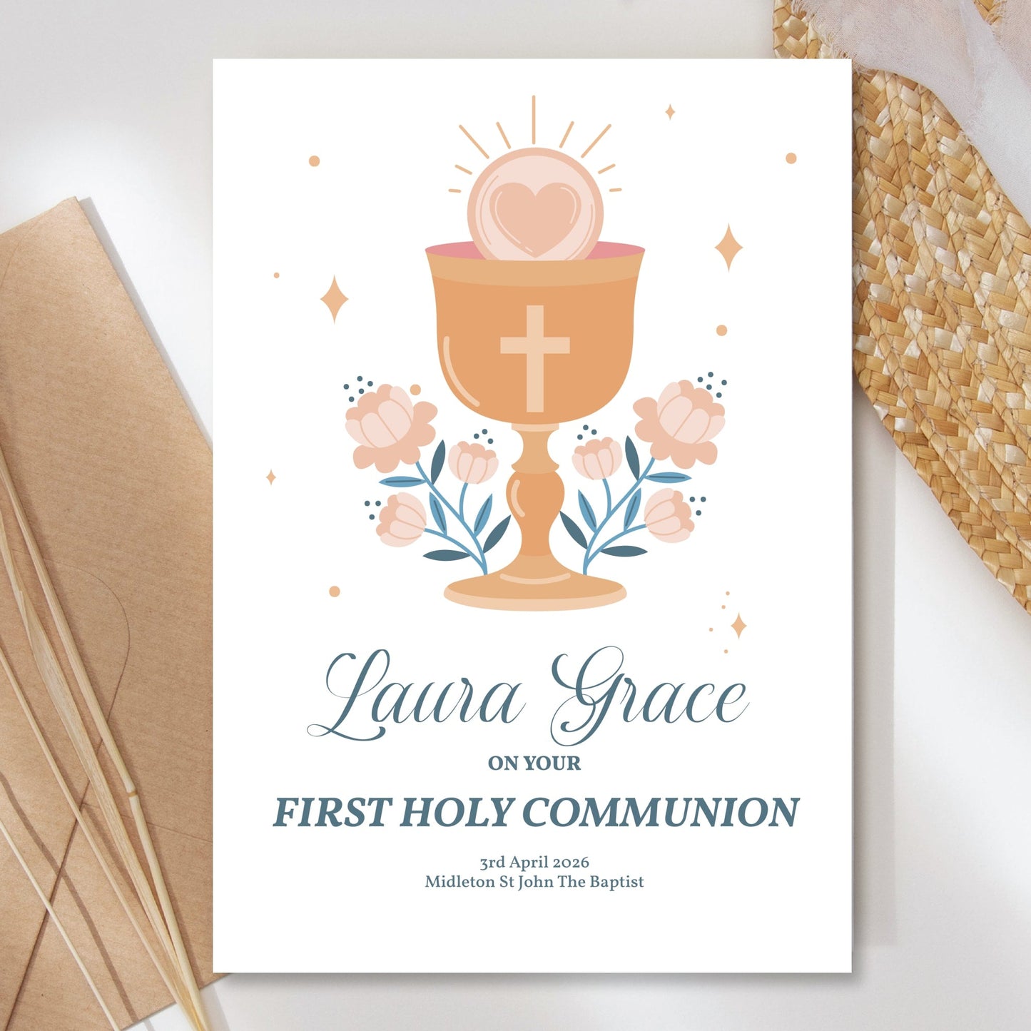 Chalice & Heart Personalised First Holy Communion Card for Girls - Greeting Card - Printarelle