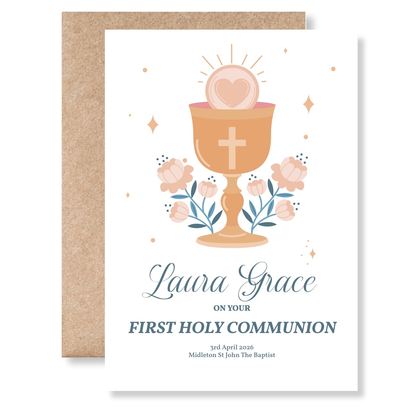 Chalice & Heart Personalised First Holy Communion Card for Girls - Greeting Card - Printarelle