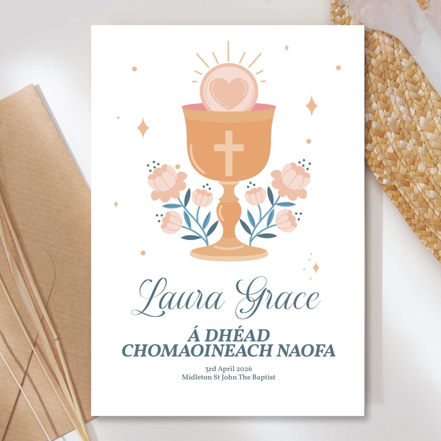 Chalice & Heart Personalised Irish Language First Holy Communion Card - Greeting Card - Printarelle