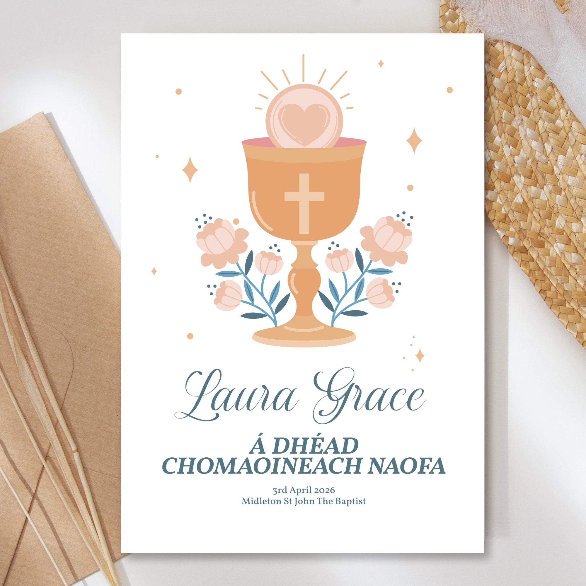 Chalice & Heart Personalised Irish Language First Holy Communion Card - Greeting Card - Printarelle