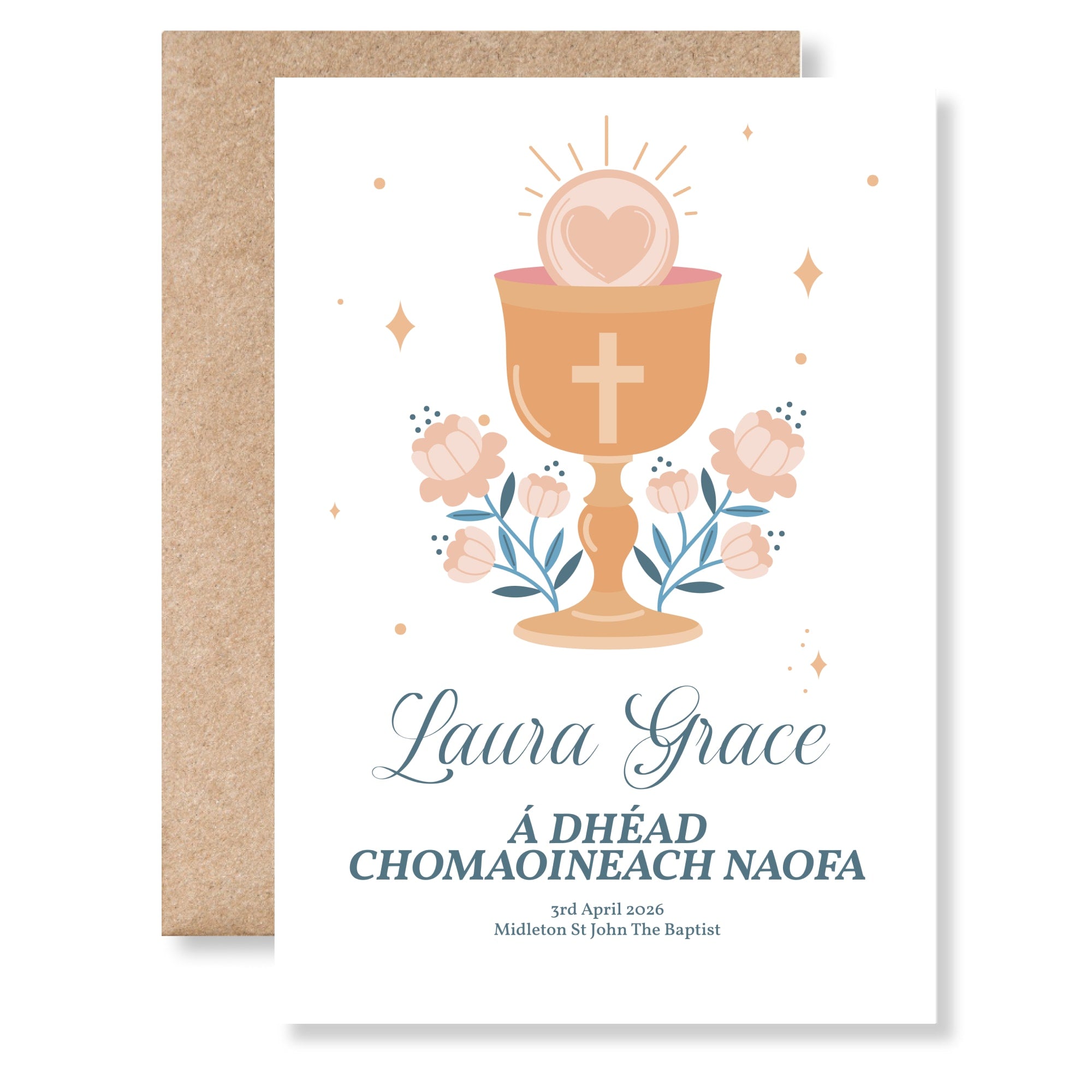 Chalice & Heart Personalised Irish Language First Holy Communion Card - Greeting Card - Printarelle