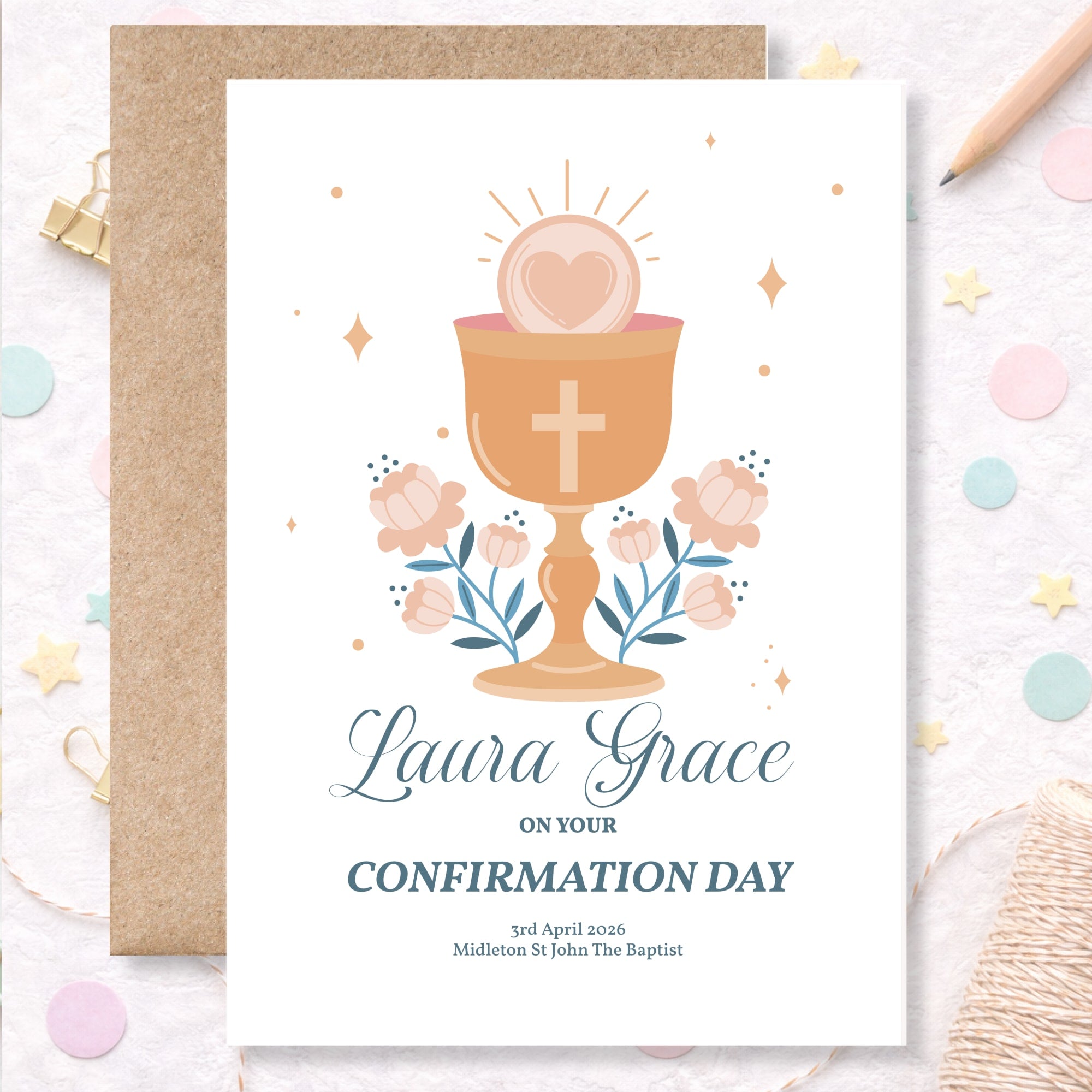 Chalice & Host Personalised Confirmation Card for Girls - Greeting Card - Printarelle