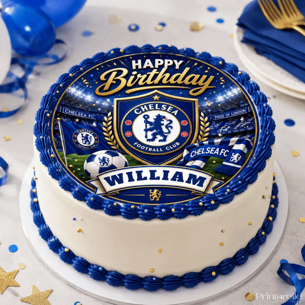 Blue and white frosted edible cake with chelsea fc edible cake topper featuring emblem flags and william banner