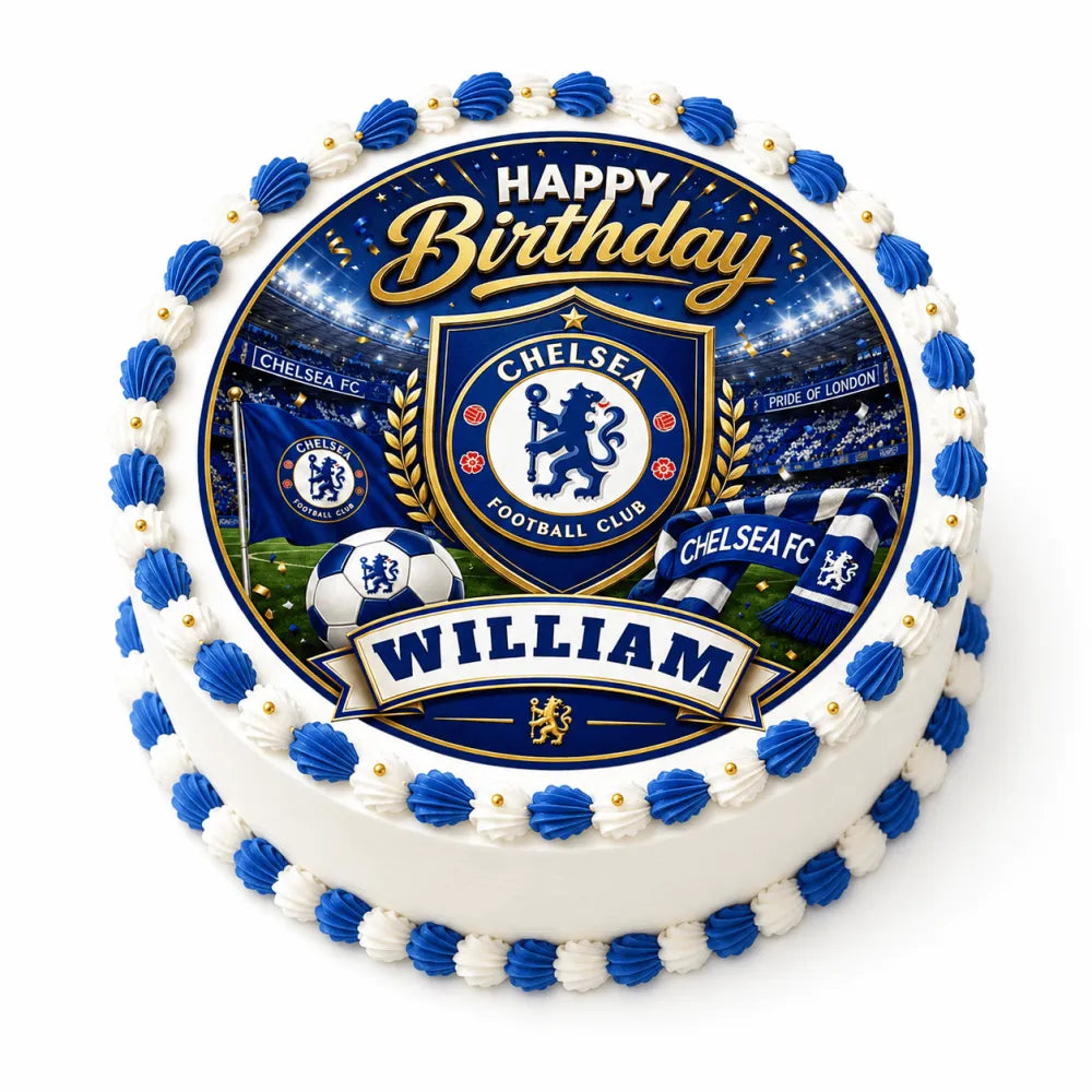Blue and white frosted chelsea fc birthday edible cake with gold lettering and edible cake topper featuring team crest and soccer ball