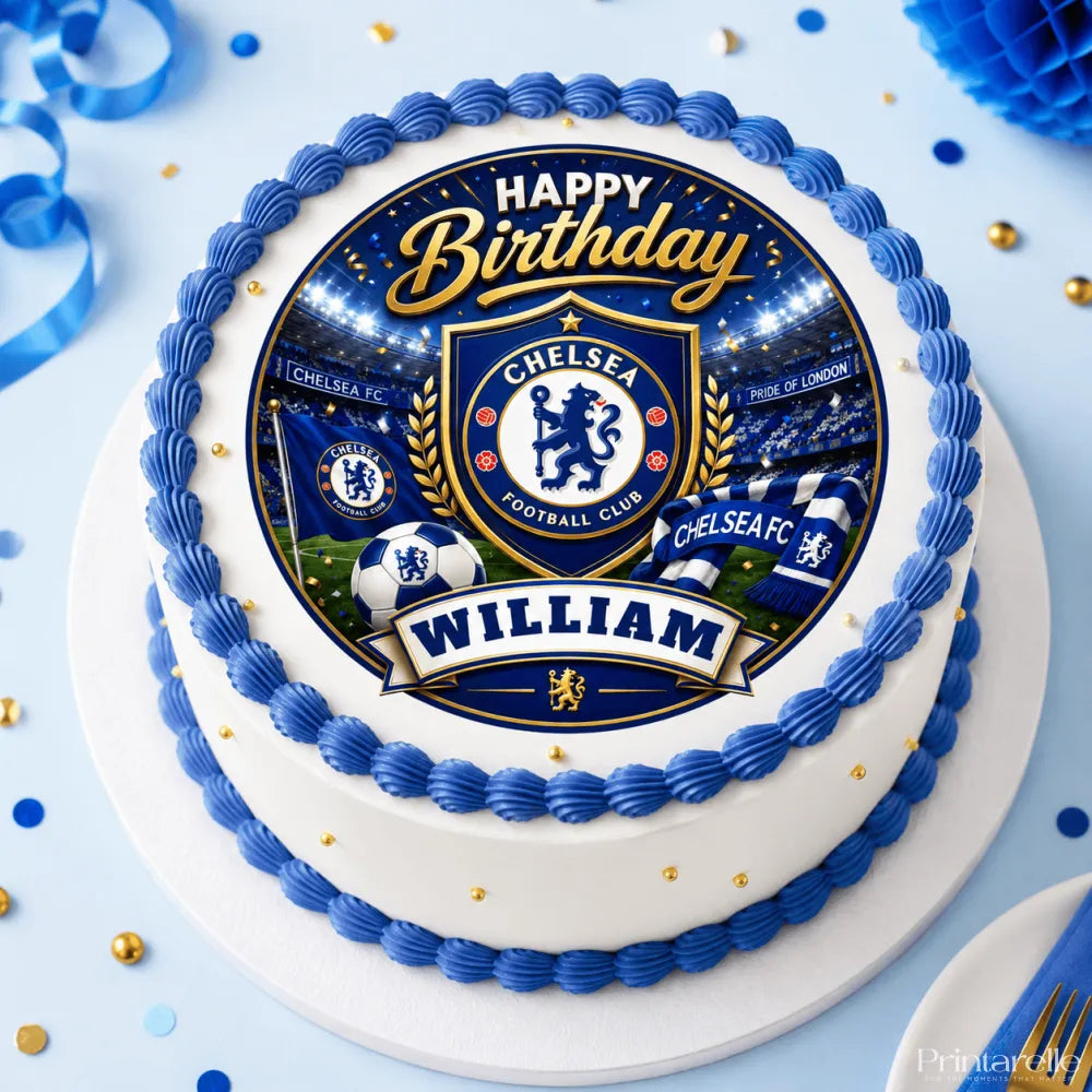 A two-tiered birthday cake with white frosting and a blue edible cake topper featuring the chelsea fc emblem