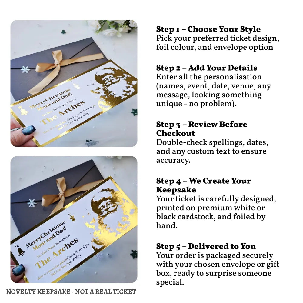 Christmas Dinner Foil Ticket | Personalised Reveal - personalised christmas dinner, christmas dinner foil, dinner foil