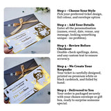 Steps for creating personalized tickets with gold foil design and bow on a white background.