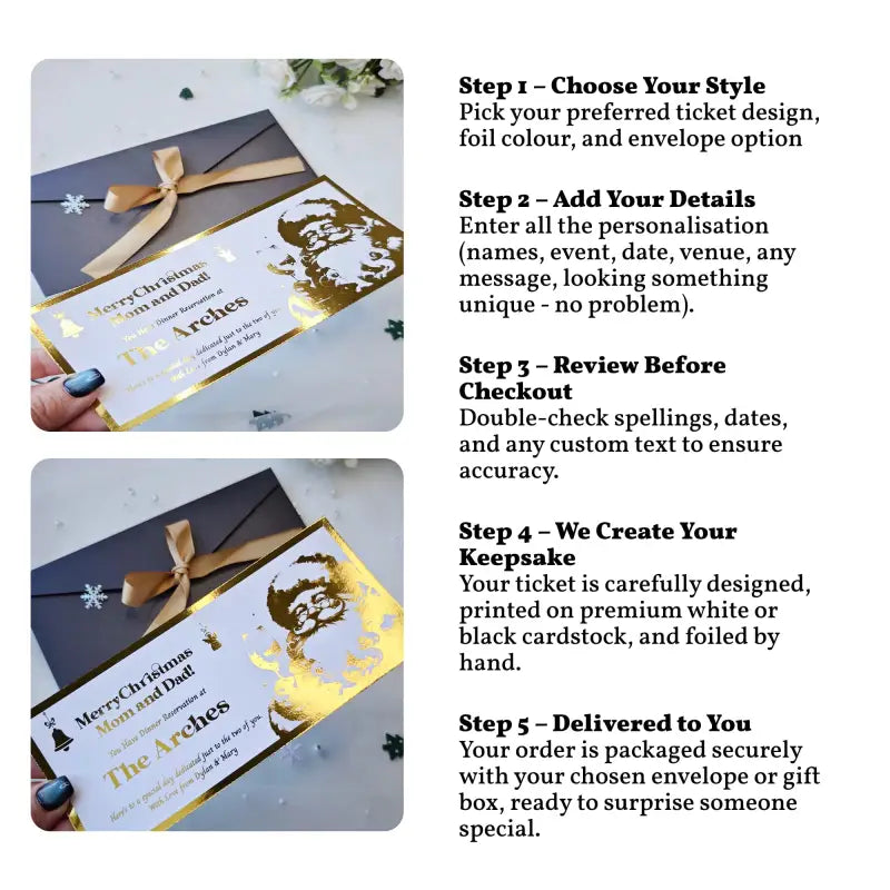 Steps for creating personalized tickets with gold foil design and bow on a white background.