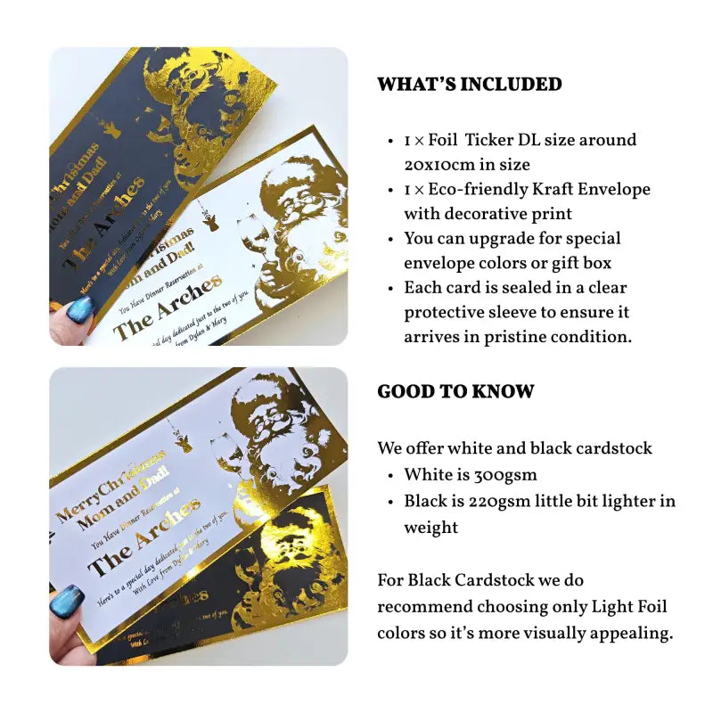 Foil ticker DL size with eco-friendly Kraft envelope and decorative print, including product details.