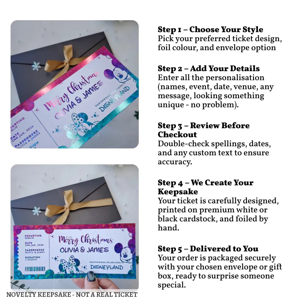 Christmas Disneyland Reveal Ticket - personalised christmas foil, disneyland reveal, holiday reveal, personalized foil