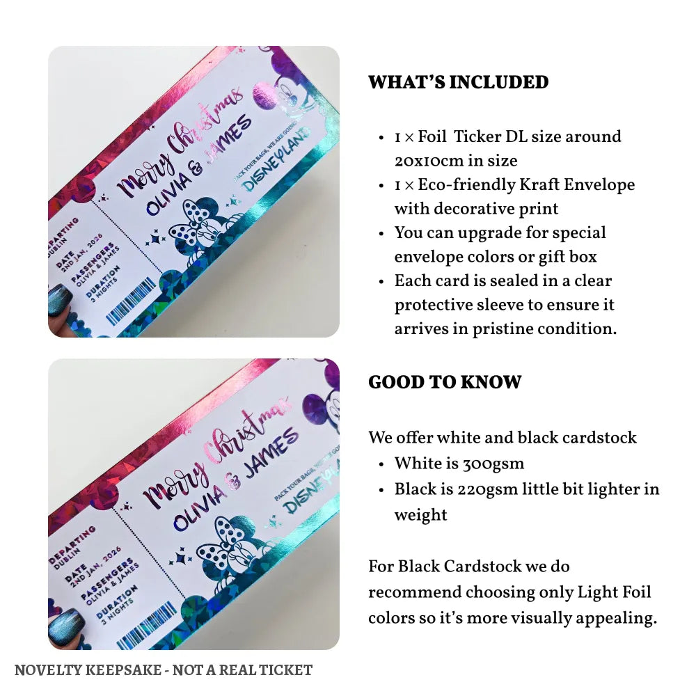 Christmas Disneyland Reveal Ticket - personalised christmas foil, disneyland reveal, holiday reveal, personalized foil