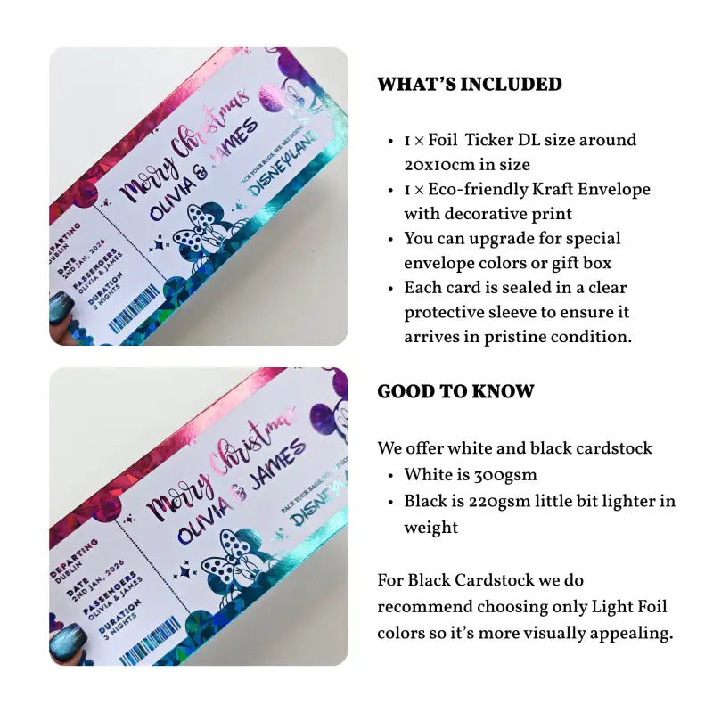 Foil ticker with decorative print and eco-friendly kraft envelope on a white background