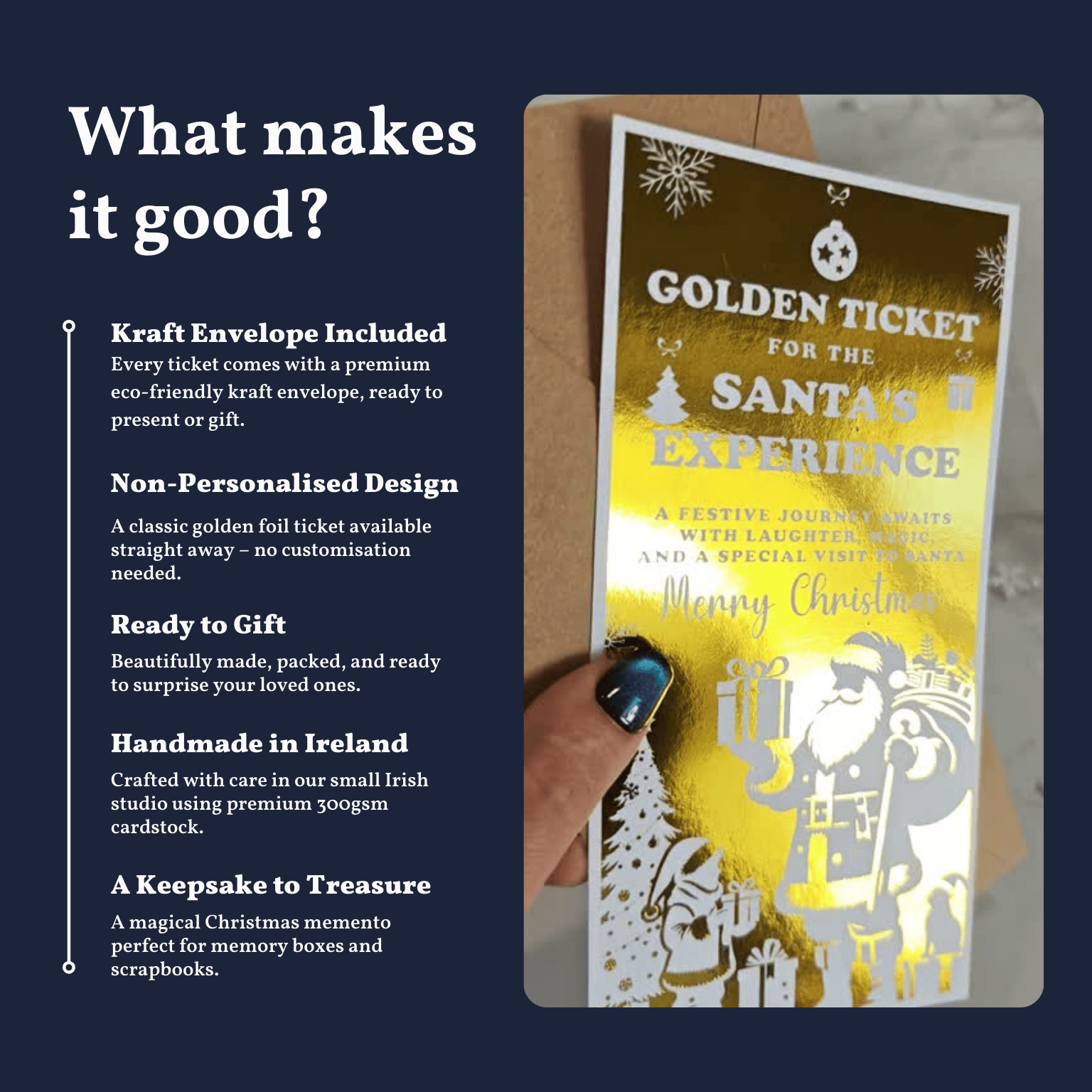 Gold 'Golden Ticket for the Santa's Experience' with text on a dark blue background