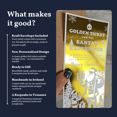 Gold 'Golden Ticket for the Santa's Experience' with text on a dark blue background