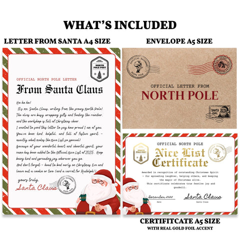 Official North Pole Letter from Santa | Nice List Certificate Set