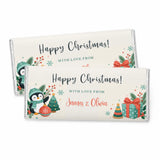 Christmas penguin personalised 40g chocolate bar with festive penguin gifts and decorations on cream-colored wrapper