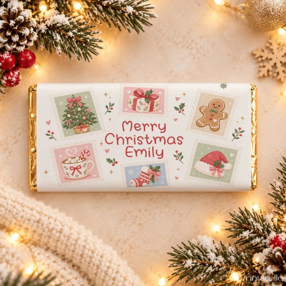 A personalized white christmas chocolate bar wrap with gold foil edges and red script name emily and gingerbread man designs