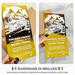 Gold 'Golden Ticket for a Journey on the Santa Train' card held by a hand, with 'Handmade in Ireland' text at the bottom.