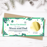 Christmas card with gold foil design and envelope on a white background