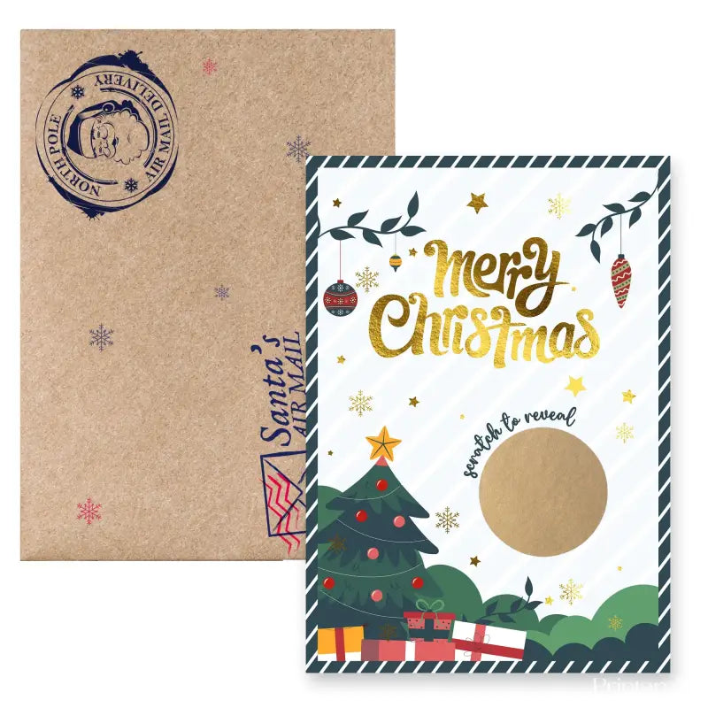 Christmas-themed card with a tree and presents design, featuring a round gold panel to reveal a message.