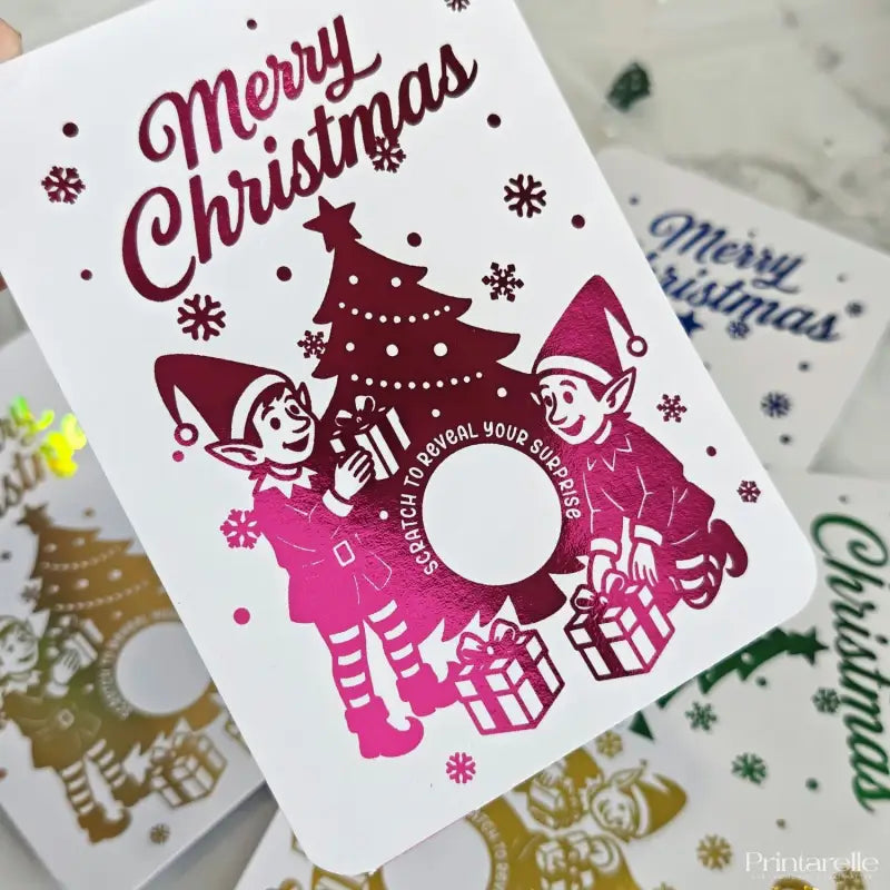 Christmas scratch-off card with elves and tree design on a white background
