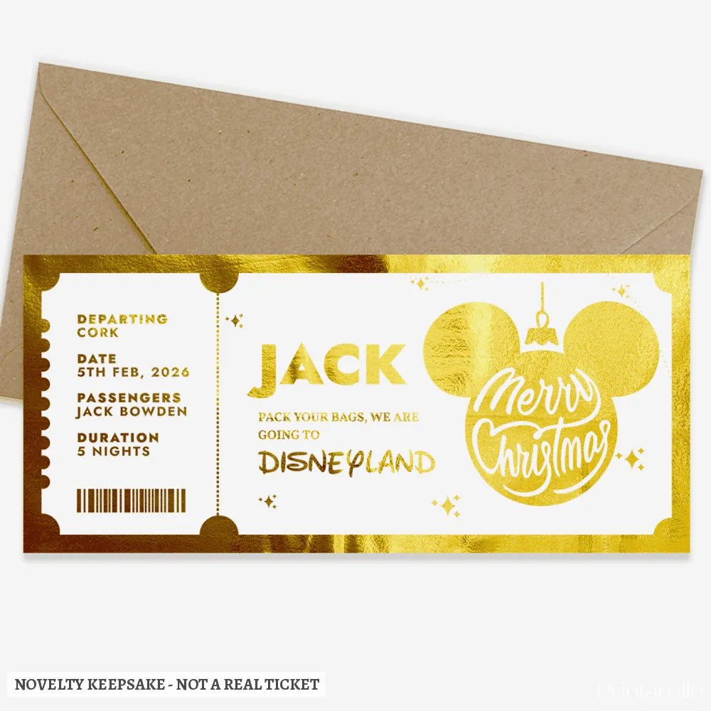 Christmas Surprise Foil Ticket | Personalised Disney Reveal - personalised christmas foil, disney trip keepsake,